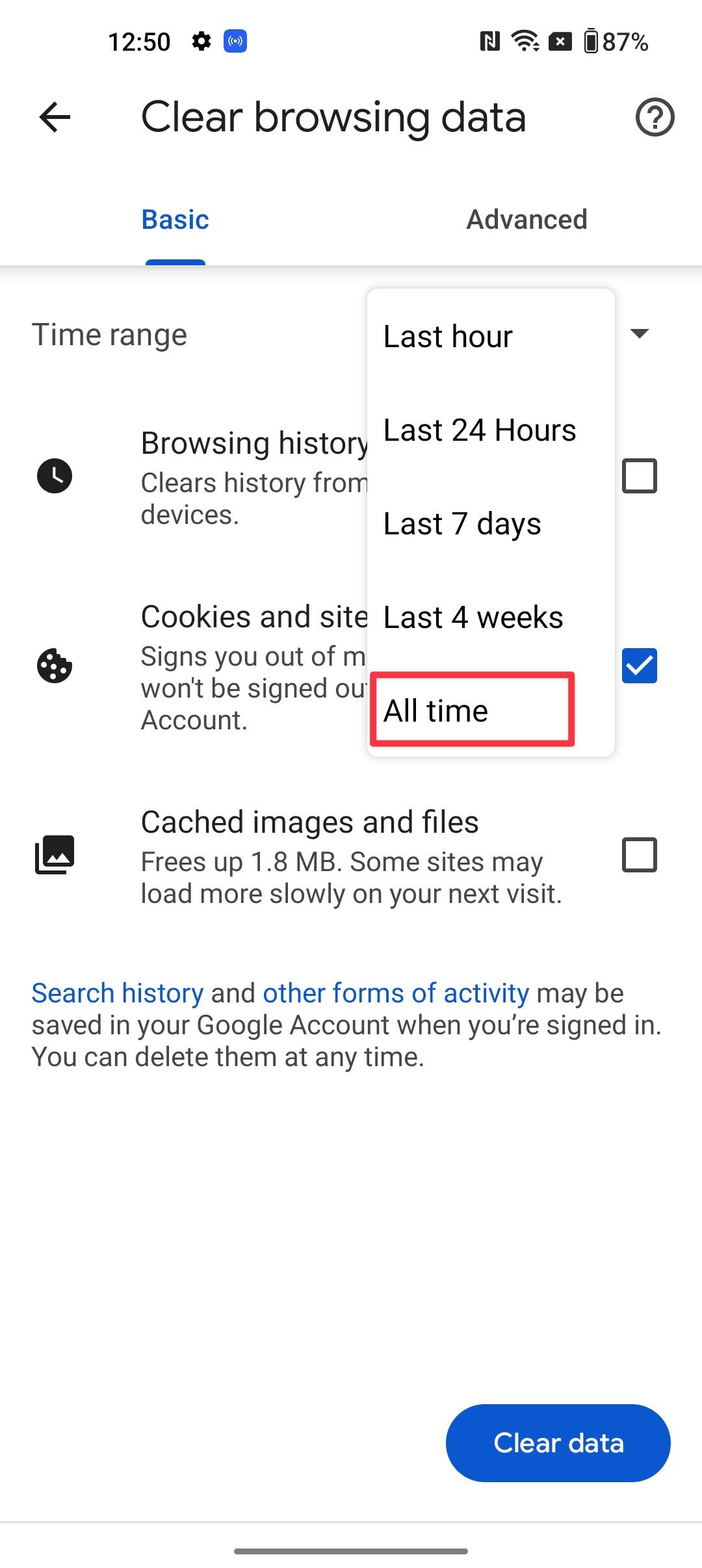 delete cookies on Android in Google Chrome 4